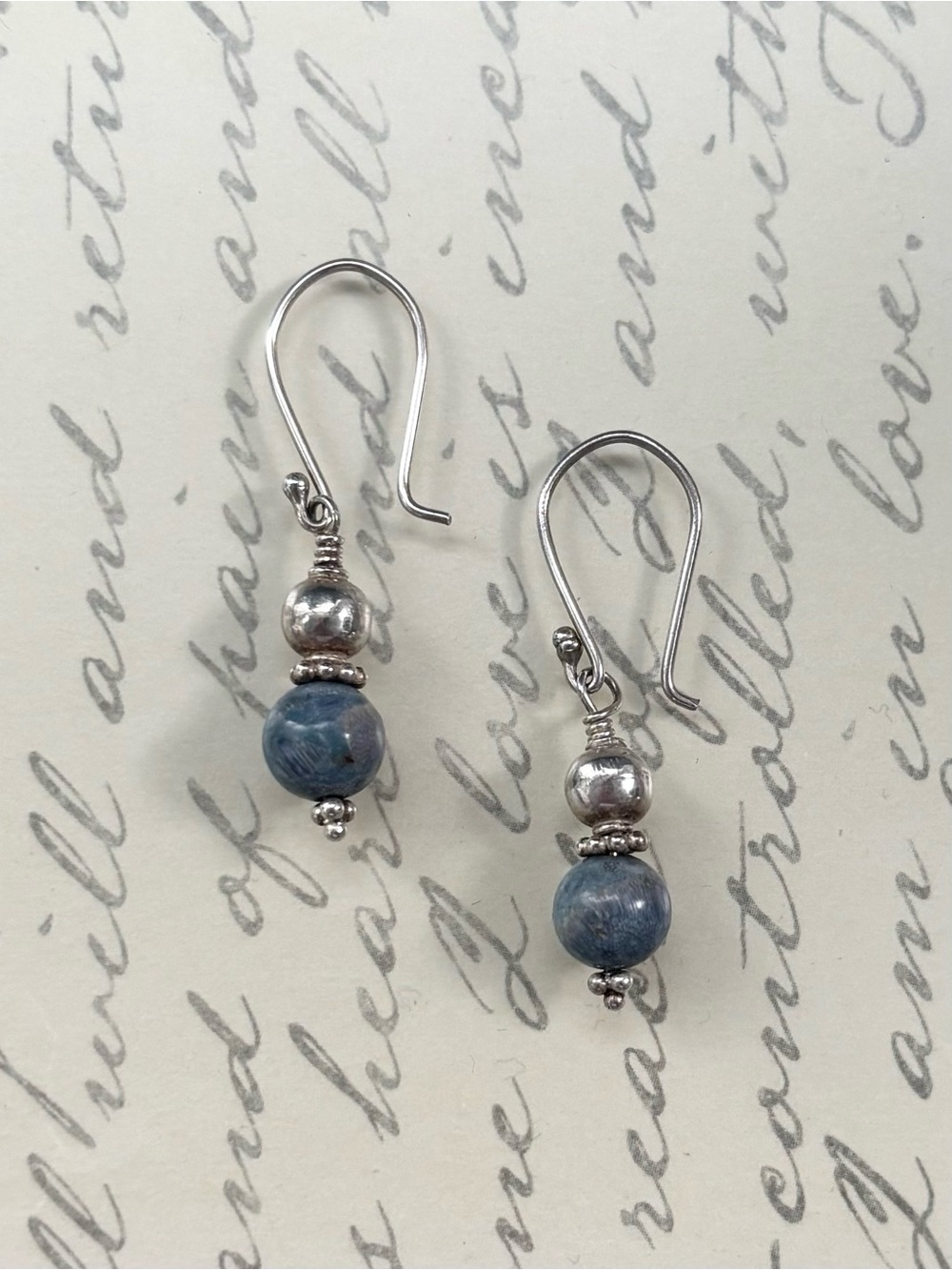 Sterling Silver and Blue Sponge Coral Bead Drop Earrings